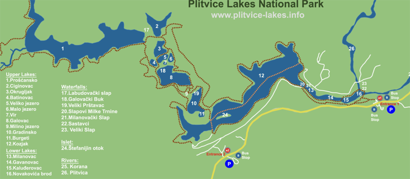 kaart van Plitvice Lakes Nationaal Park